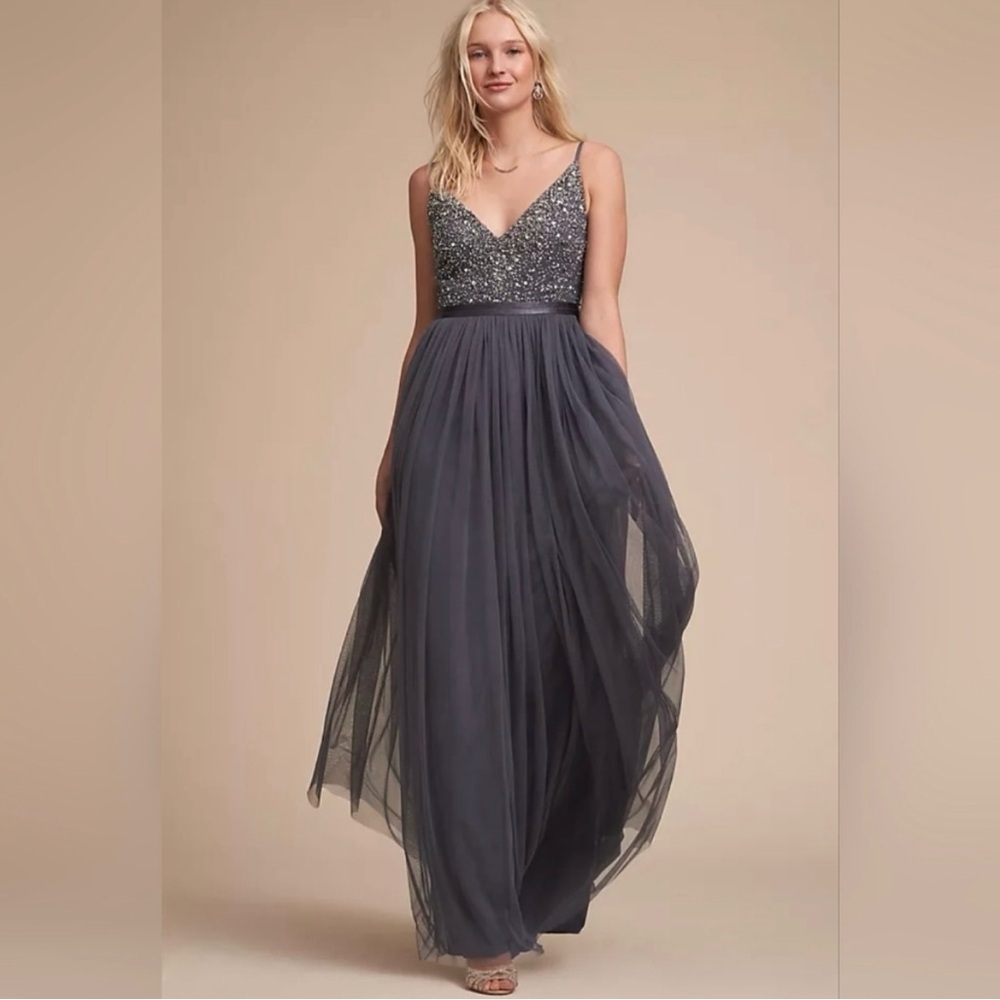 BHLDN Anthropologie Avery Beaded Tulle Maxi Dress Gown in Hydrangea Size 0
